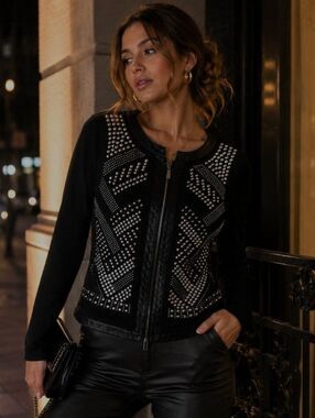 {Carmin} Women' Black/Silver Studded Moto Jacket - SIZE MEDIUM
